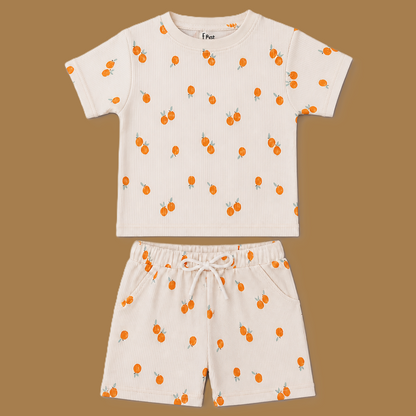 Fyst Boys Off-White & Peach Orange Printed Ribbed T-Shirt and Shorts Co-ord Set