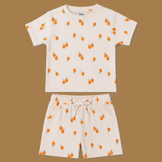 Fyst Boys Off-White & Peach Orange Printed Ribbed T-Shirt and Shorts Co-ord Set