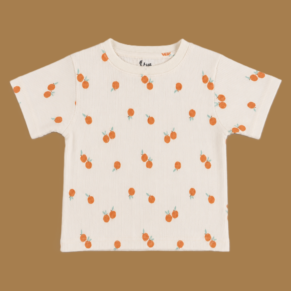 Fyst Boys Off-White & Peach Orange Printed Ribbed T-Shirt and Shorts Co-ord Set