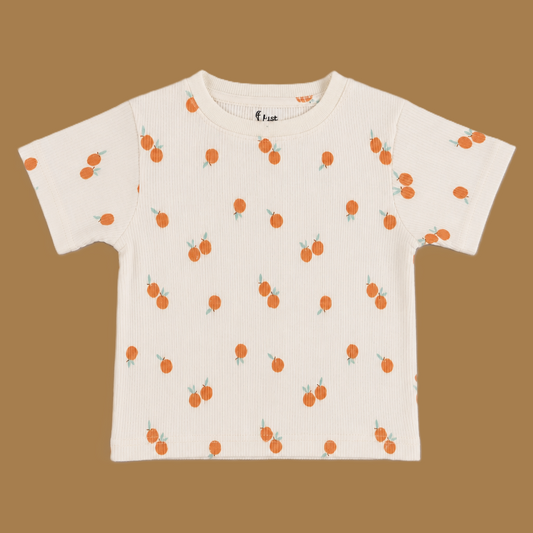 Fyst Boys Off-White & Peach Orange Printed Ribbed T-Shirt and Shorts Co-ord Set