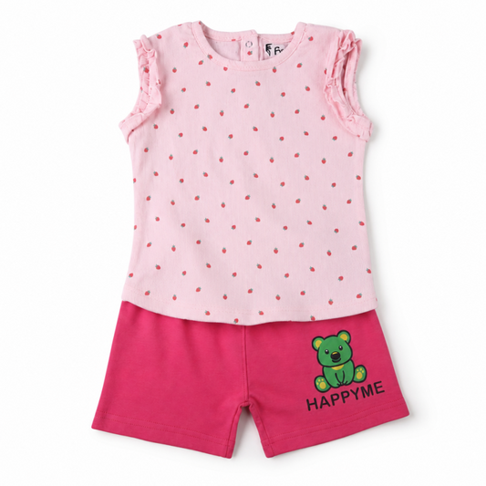 Fyst Girls Pink Strawberry Print Ruffle Sleeve Top and "HAPPYME" Shorts Co-ord Set