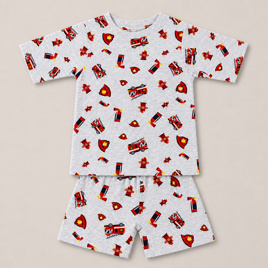 Fyst Boys Light Grey Fire Truck All-Over Print T-Shirt and Shorts Co-ord Set