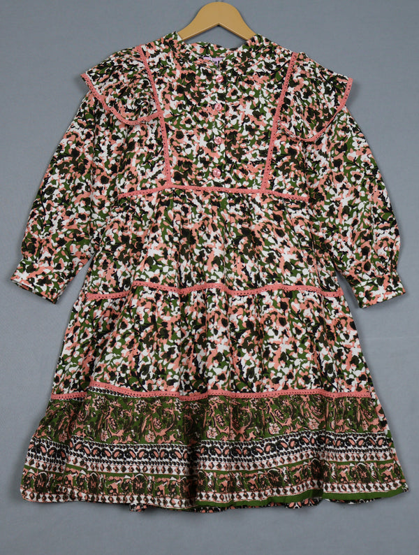 Fyst Cotton Poplin Tiered Frock for Girls - Olive & Mauve