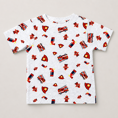 Fyst Boys Light Grey Fire Truck All-Over Print T-Shirt and Shorts Co-ord Set