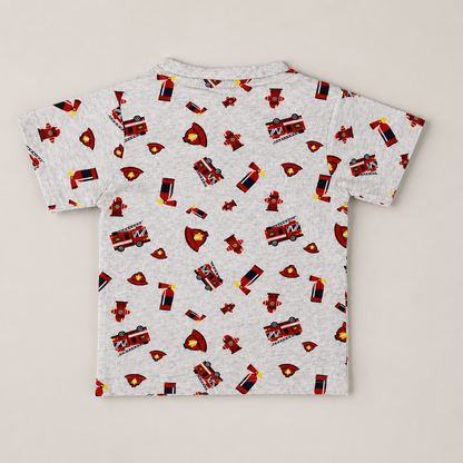Fyst Boys Light Grey Fire Truck All-Over Print T-Shirt and Shorts Co-ord Set