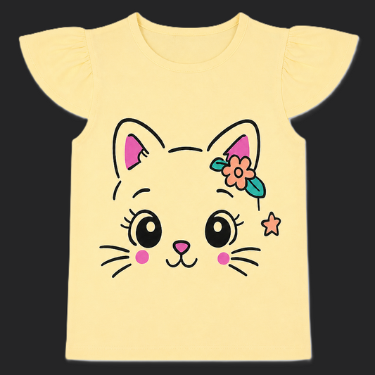 Fyst Girls Pastel Yellow Cute Kitten Graphic Cotton Cap Sleeve T-Shirt
