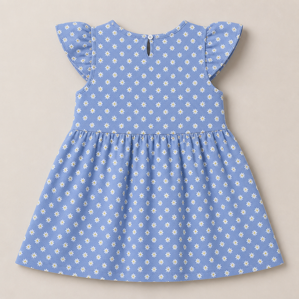 Fyst Girls Sky Blue All-Over Floral Daisy Print Flutter Sleeve Cotton Frock Dress
