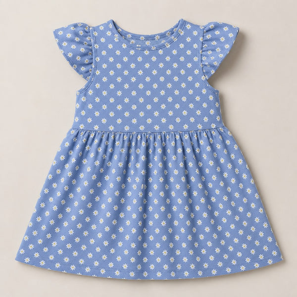 Fyst Girls Sky Blue All-Over Floral Daisy Print Flutter Sleeve Cotton Frock Dress