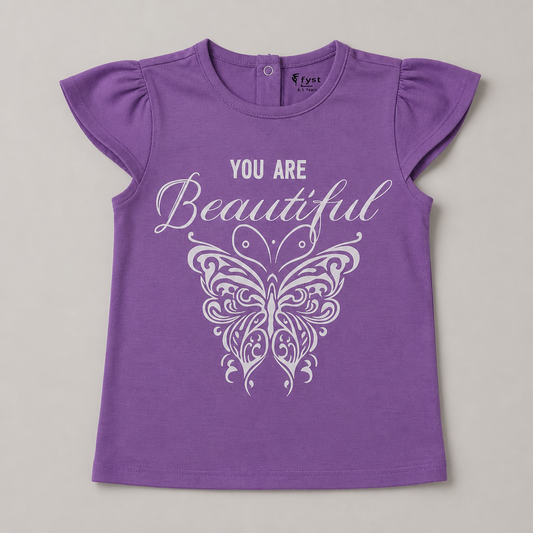 Fyst Girls Lavender Purple "You Are Beautiful" Butterfly Graphic Cotton Cap Sleeve T-Shirt