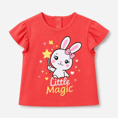 Fyst Girls Coral Orange "Little Magic" Bunny Graphic Cotton Cap Sleeve T-Shirt