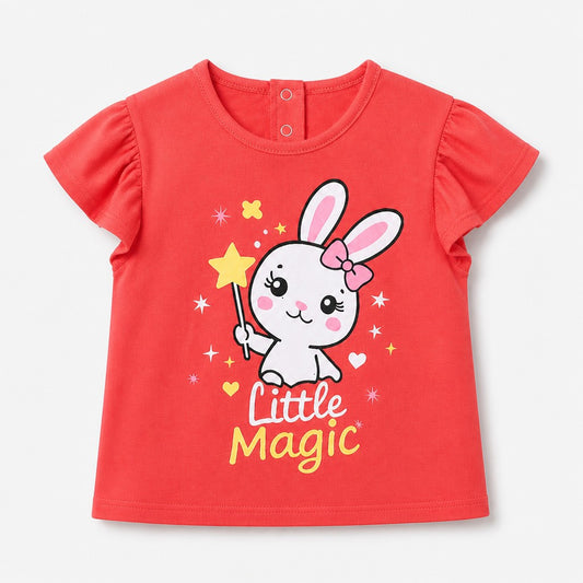 Fyst Girls Coral Orange "Little Magic" Bunny Graphic Cotton Cap Sleeve T-Shirt