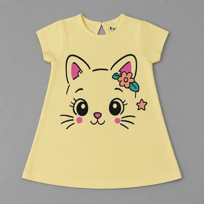 Fyst Girls Pastel Yellow Cute Kitten Graphic Pure Cotton Longline T-Shirt