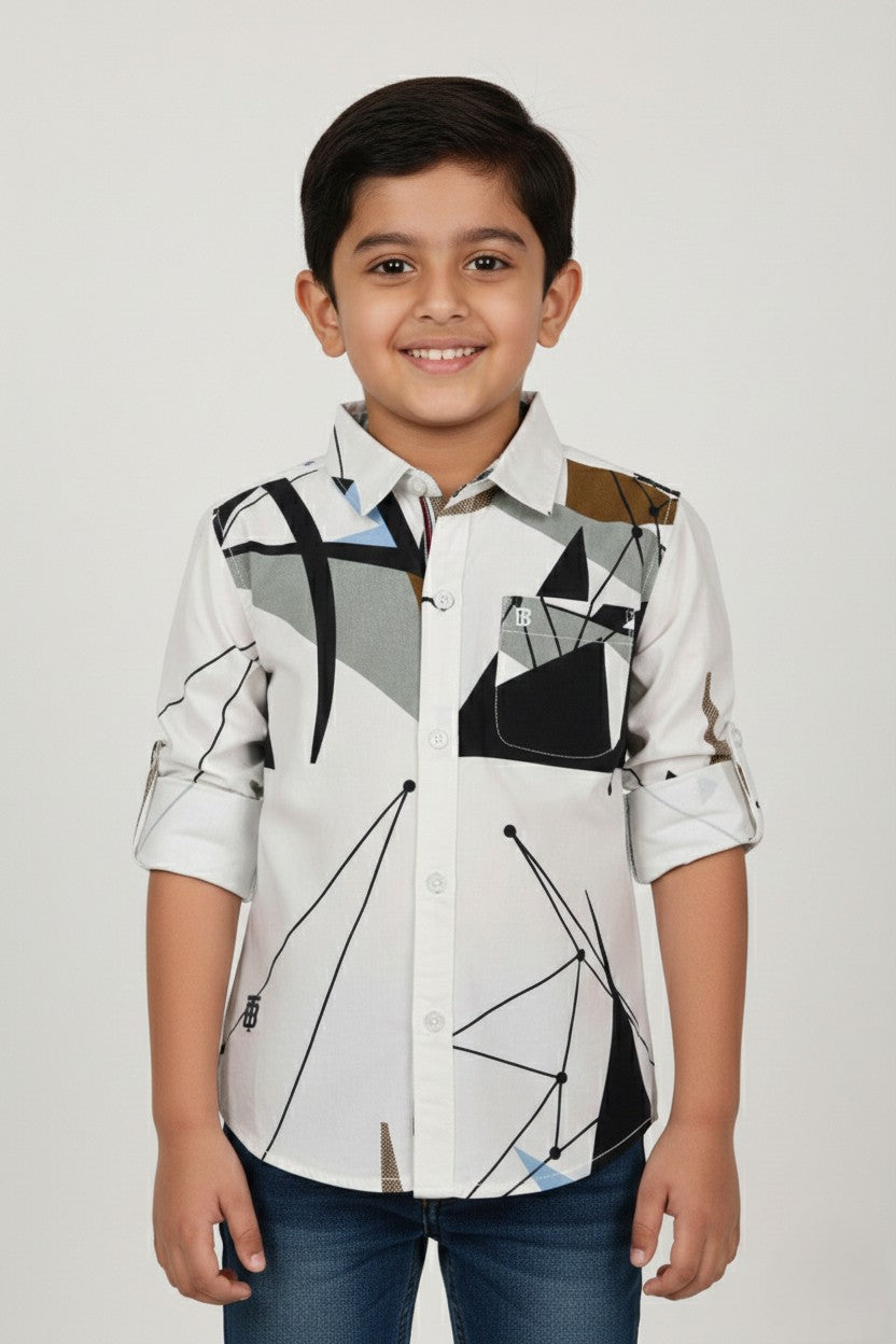 Fyst Premium Botanical Leaf Smart Casual Shirt for Boys – Taupe Grey White