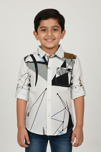 Fyst Premium Botanical Leaf Smart Casual Shirt for Boys – Taupe Grey White
