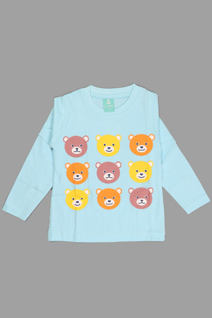 Light blue long-sleeve shirt with bear face patterns on a gray background