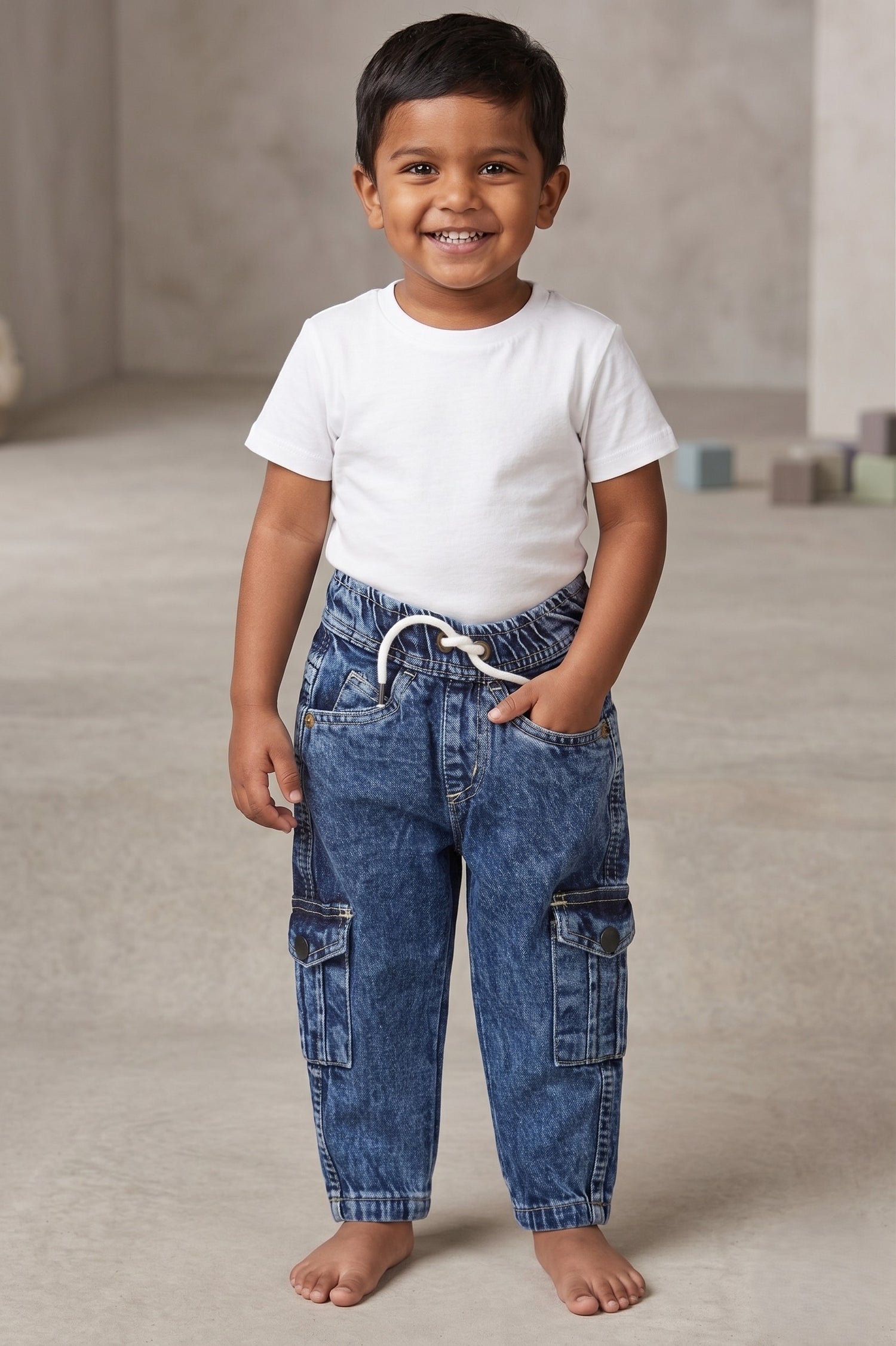 kid modeling FYST brand acid-wash denim cargo joggers featuring a comfortable elastic drawstring waistband and functional side pockets, paired with a classic white t-shirt.