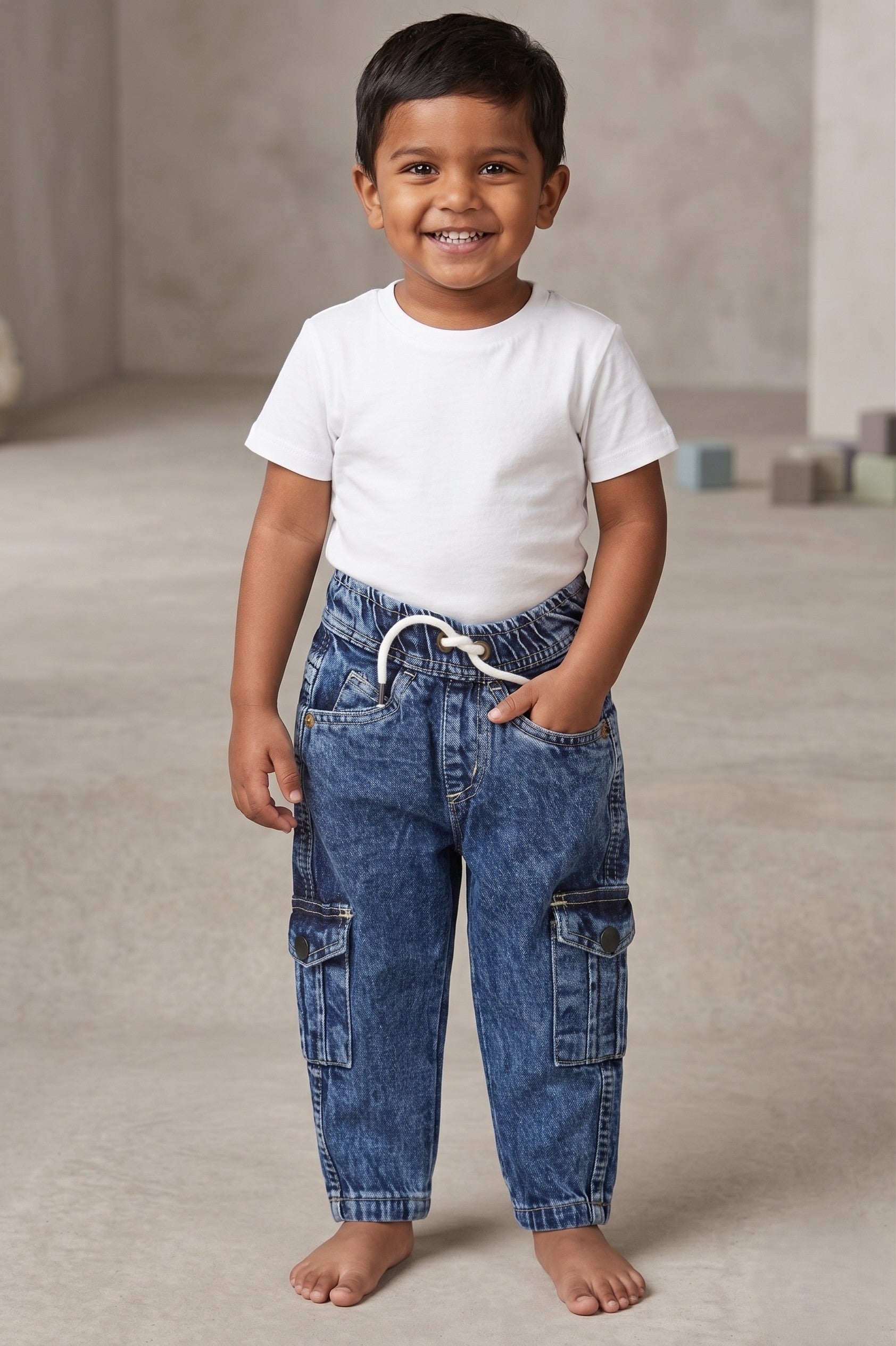 kid modeling FYST brand acid-wash denim cargo joggers featuring a comfortable elastic drawstring waistband and functional side pockets, paired with a classic white t-shirt.