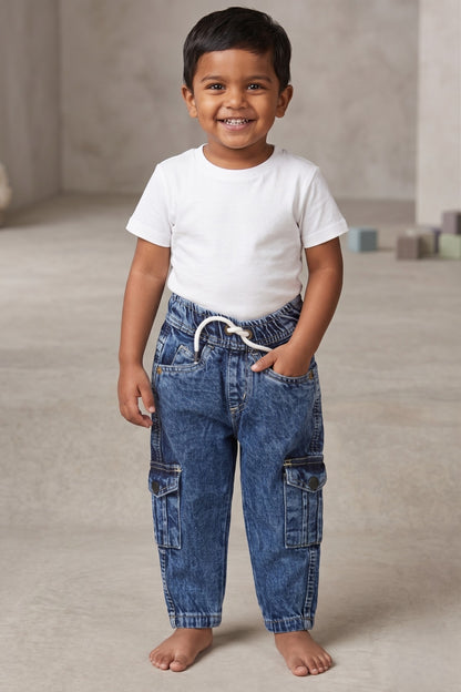 kid modeling FYST brand acid-wash denim cargo joggers featuring a comfortable elastic drawstring waistband and functional side pockets, paired with a classic white t-shirt.