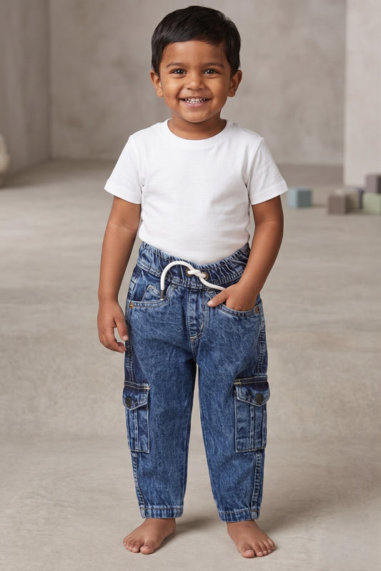 kid modeling FYST brand acid-wash denim cargo joggers featuring a comfortable elastic drawstring waistband and functional side pockets, paired with a classic white t-shirt.