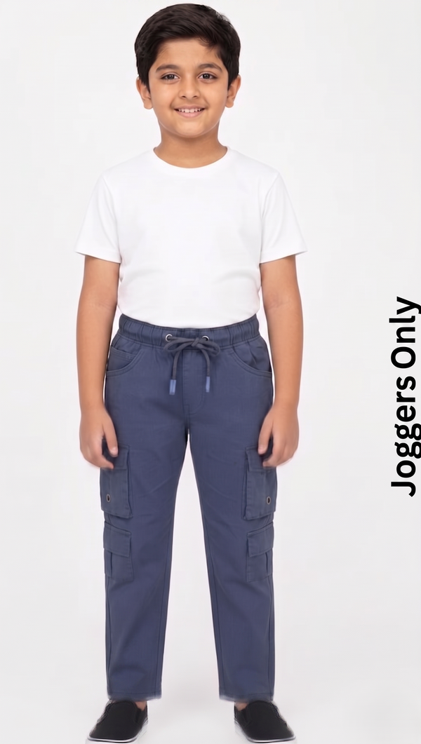 Fyst Cotton Elastic Waist Multi-Pocket Cargo Trousers for Boys - Navy Blue