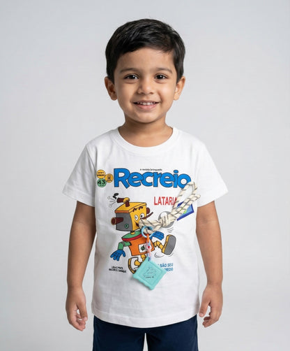 A kid wearing a FYST brand white short-sleeved t-shirt featuring a colorful "Recreio" robot graphic and a unique decorative rope and charm detail attached to the front.