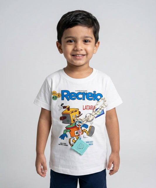 A kid wearing a FYST brand white short-sleeved t-shirt featuring a colorful "Recreio" robot graphic and a unique decorative rope and charm detail attached to the front.