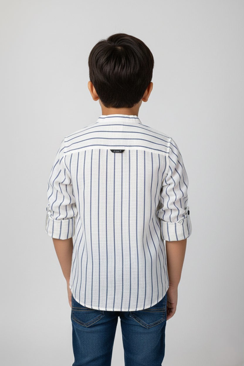 Fyst Premium Cotton Mandarin Collar Vertical Stripe Shirt for Boys - White & Blue - Fyst Fashion
