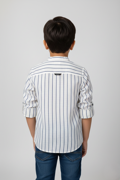 Fyst Premium Cotton Mandarin Collar Vertical Stripe Shirt for Boys - White & Blue - Fyst Fashion