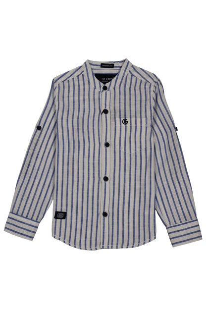 Fyst Premium Cotton Mandarin Collar Vertical Stripe Shirt for Boys - White & Blue - Fyst Fashion