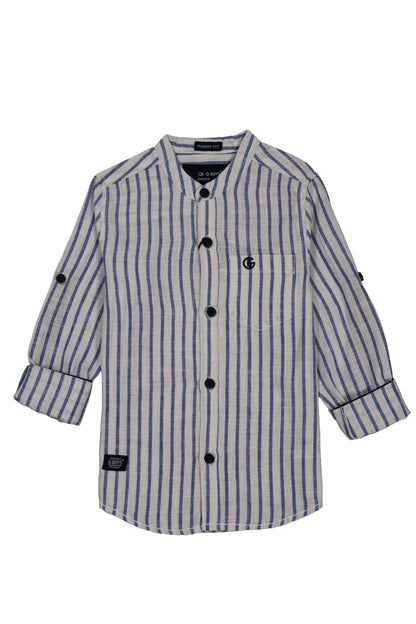 Fyst Premium Cotton Mandarin Collar Vertical Stripe Shirt for Boys - White & Blue - Fyst Fashion
