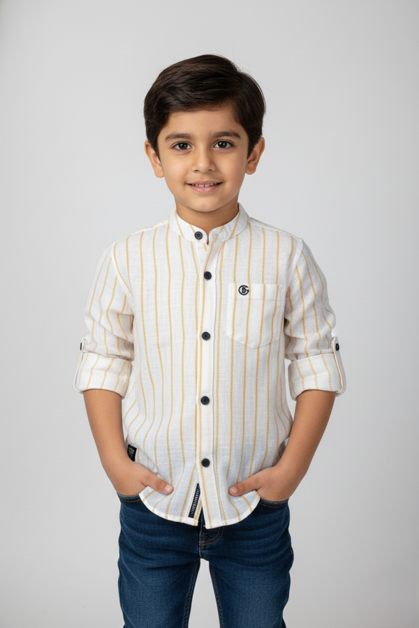 Fyst Premium Cotton Mandarin Collar Vertical Stripe Shirt for Boys - White & Mustard Yellow