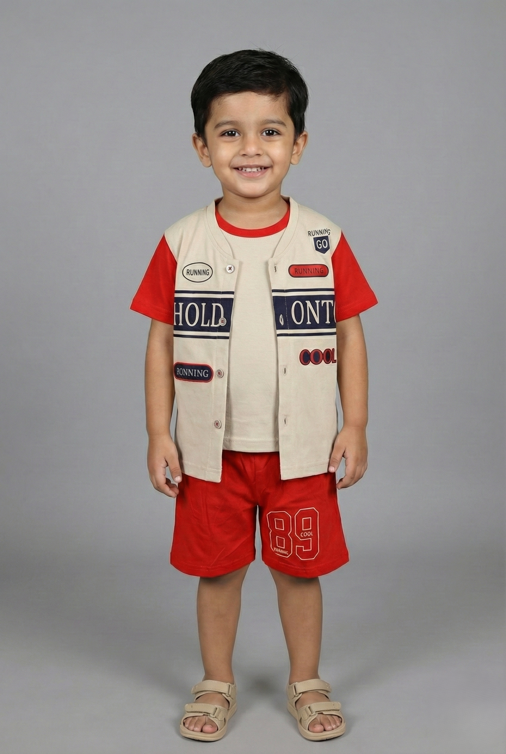 A young boy wearing a Fyst brand casual summer outfit featuring a red t-shirt, a beige button-up vest with "HOLD ON" graphic prints, matching red shorts with the number 89, and tan velcro sandals against a grey background.