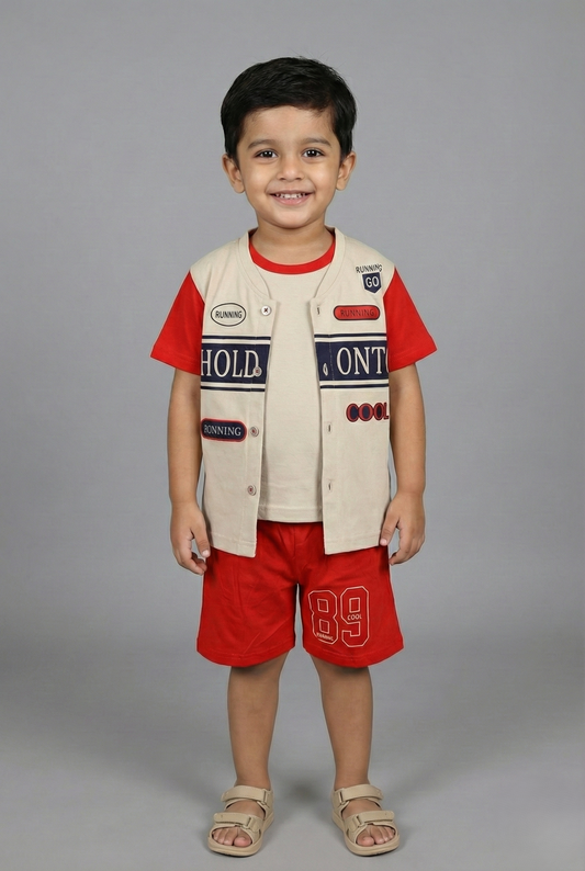 A young boy wearing a Fyst brand casual summer outfit featuring a red t-shirt, a beige button-up vest with "HOLD ON" graphic prints, matching red shorts with the number 89, and tan velcro sandals against a grey background.