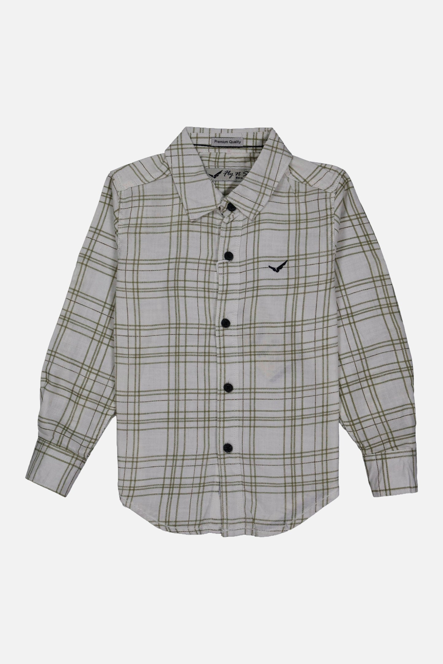 Fyst Boys' Off-White Long-Sleeve Button-Down Shirt with Sage Green Grid Check Pattern, flat lay view on black background.
