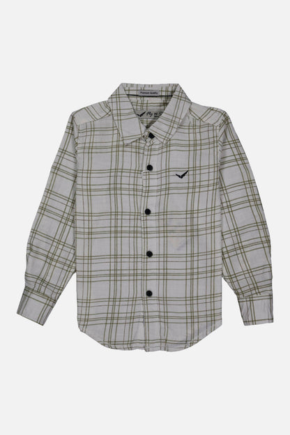 Fyst Boys' Off-White Long-Sleeve Button-Down Shirt with Sage Green Grid Check Pattern, flat lay view on black background.