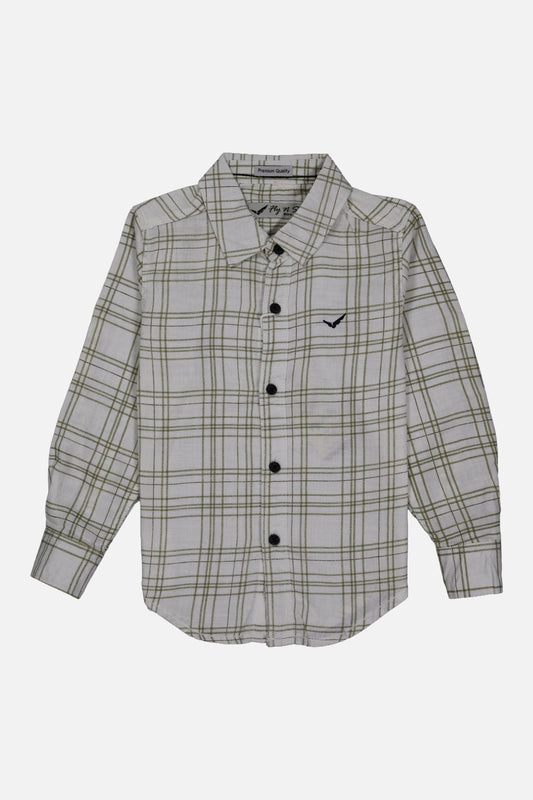 Fyst Boys' Off-White Long-Sleeve Button-Down Shirt with Sage Green Grid Check Pattern, flat lay view on black background.