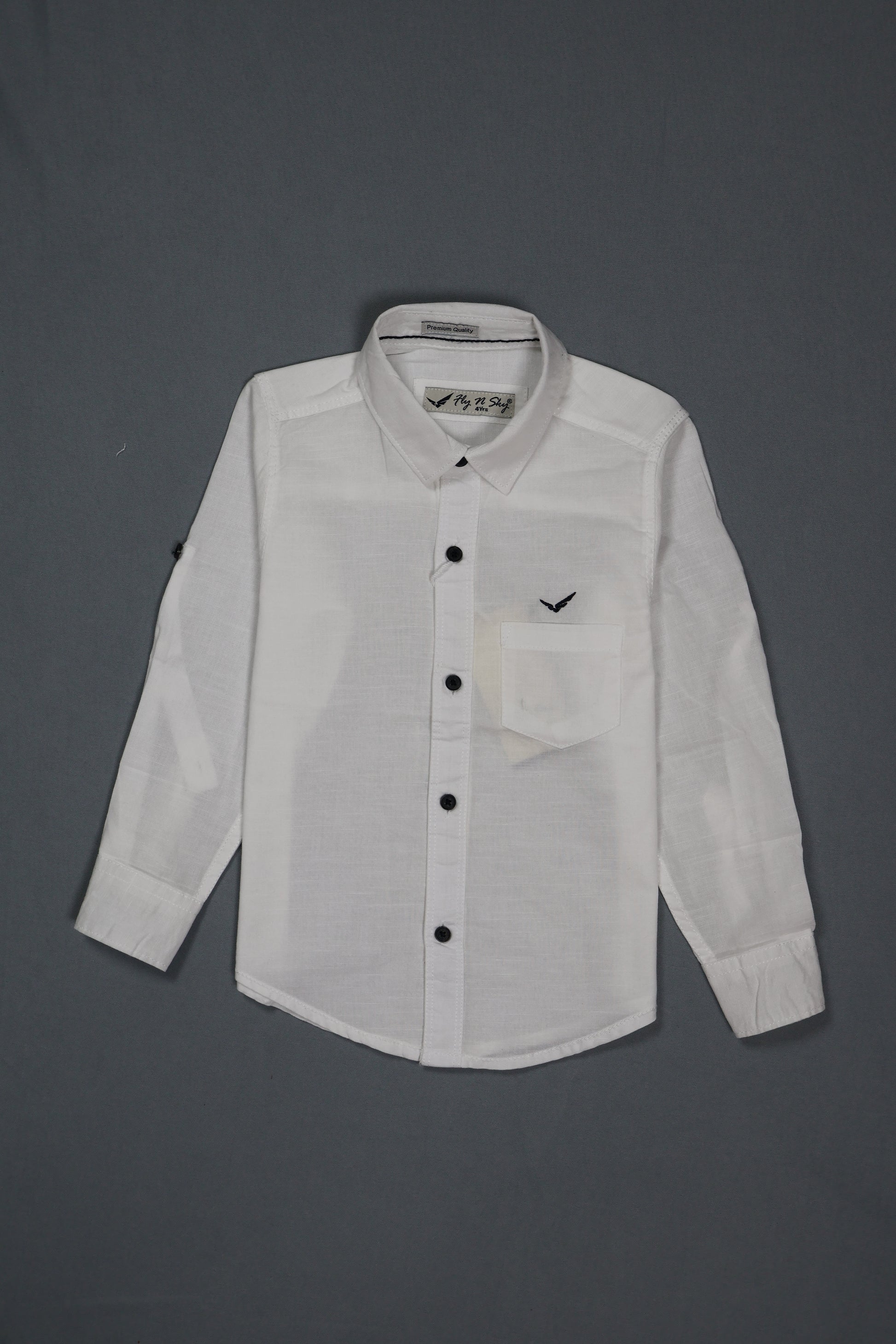 Fyst Boys' Solid White Long-Sleeve Button-Down Shirt with Subtle Textured Fabric and Single Chest Pocket, flat lay view on grey background.