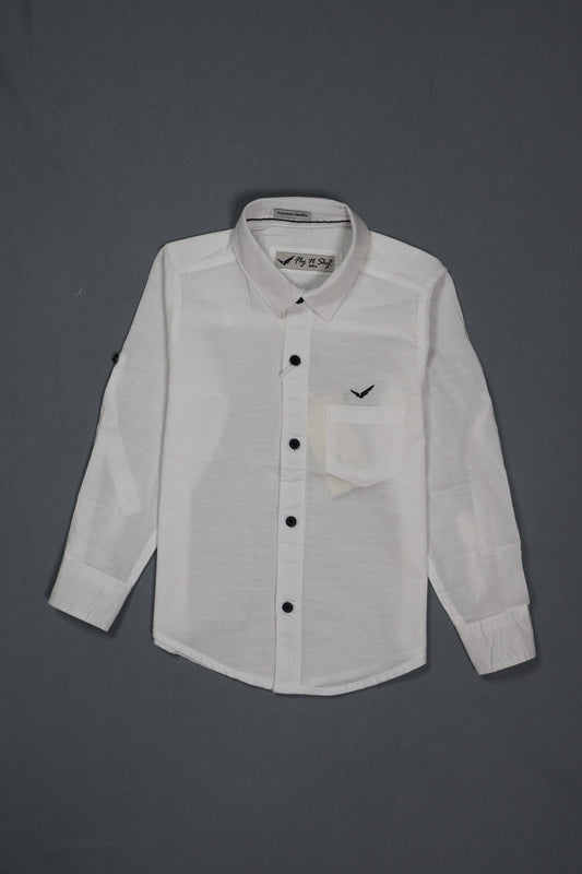 Fyst Boys' Solid White Long-Sleeve Button-Down Shirt with Subtle Textured Fabric and Single Chest Pocket, flat lay view on grey background.