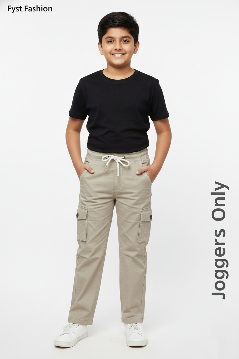 Fyst Cotton Elastic Waist Multi-Pocket Cargo Trousers for Boys - Beige - Fyst Fashion