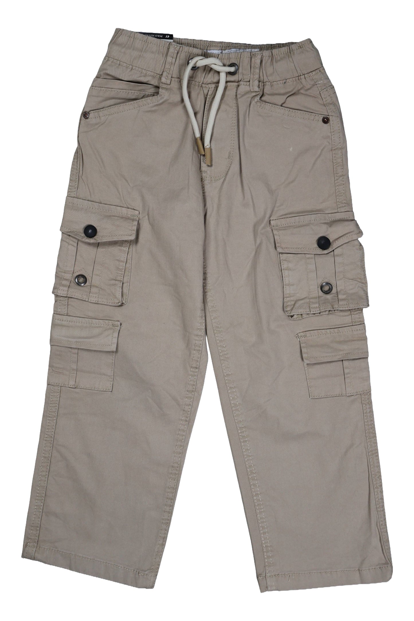Beige cargo pants with multiple pockets and a drawstring on a white background