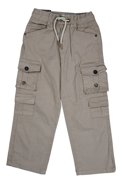 Beige cargo pants with multiple pockets and a drawstring on a white background