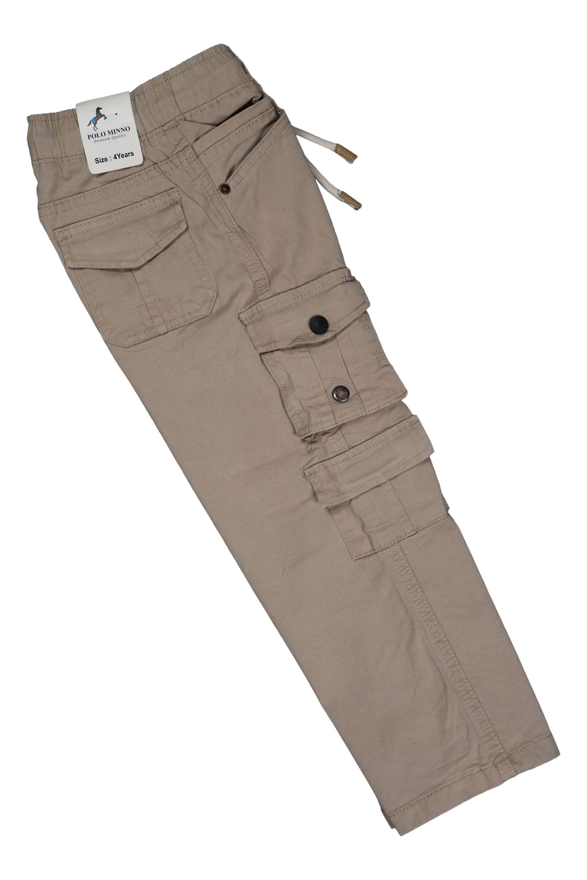 Beige cargo pants with multiple pockets and buttons on a white background