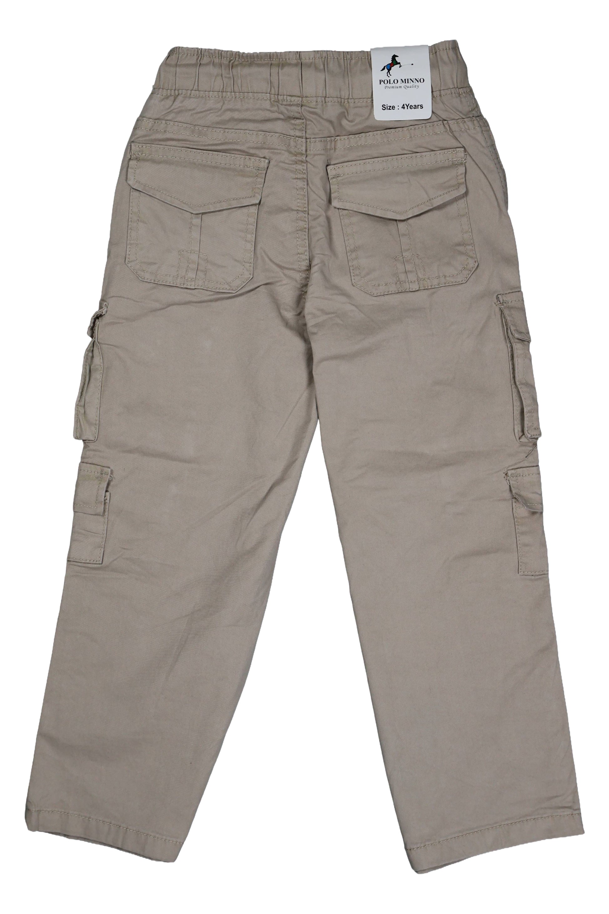 Beige cargo pants with multiple pockets on a white background