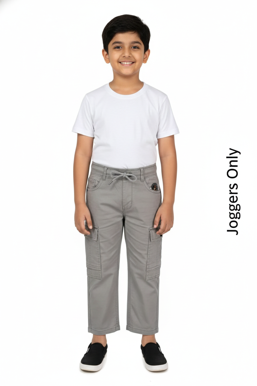 Fyst Cotton Elastic Waist Multi-Pocket Cargo Trousers for Boys - Grey - Fyst Fashion