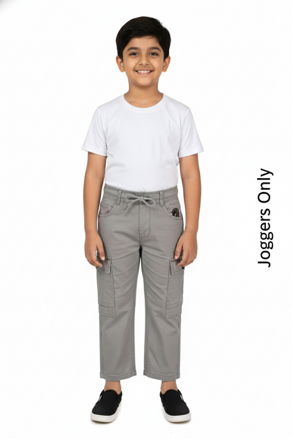 Fyst Cotton Elastic Waist Multi-Pocket Cargo Trousers for Boys - Grey - Fyst Fashion