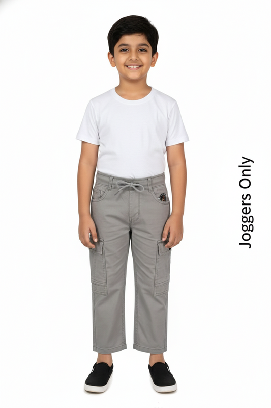Fyst Cotton Elastic Waist Multi-Pocket Cargo Trousers for Boys - Grey - Fyst Fashion