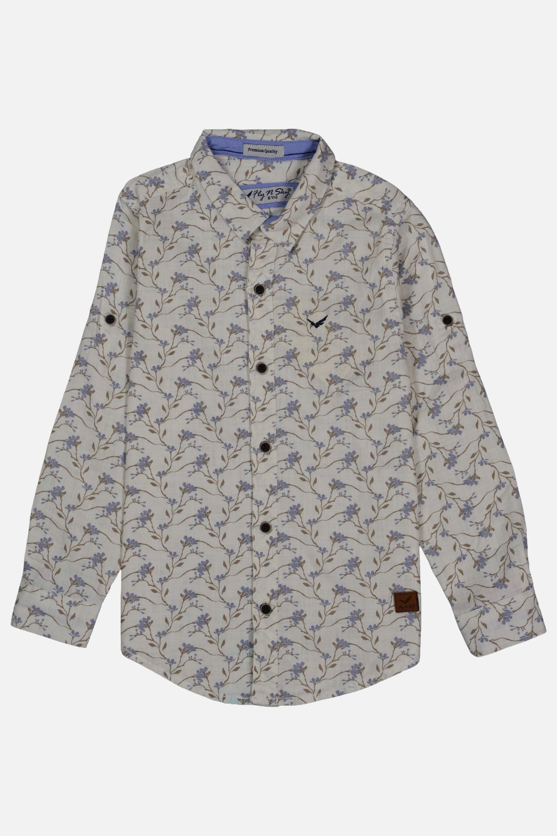Fyst Boys' Off-White Long-Sleeve Button-Down Shirt with Delicate Blue Floral and Brown Vine Pattern, flat lay view on grey background.