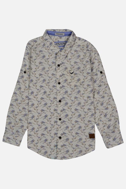 Fyst Boys' Off-White Long-Sleeve Button-Down Shirt with Delicate Blue Floral and Brown Vine Pattern, flat lay view on grey background.