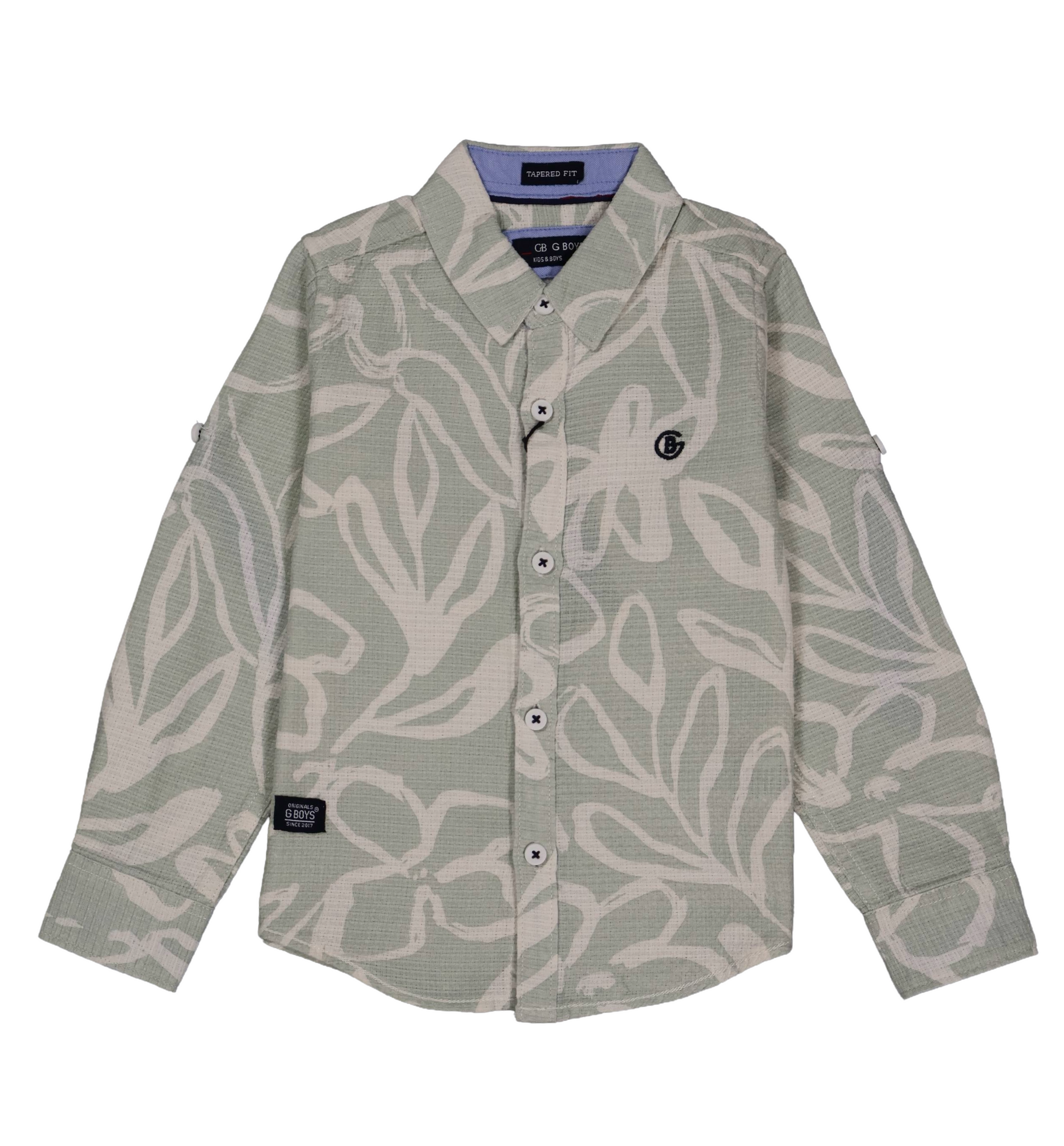 Fyst Boys' Sage Green and Off-White Floral Leaf Outline Print Long-Sleeve Button-Down Shirt, flat lay view on black background.