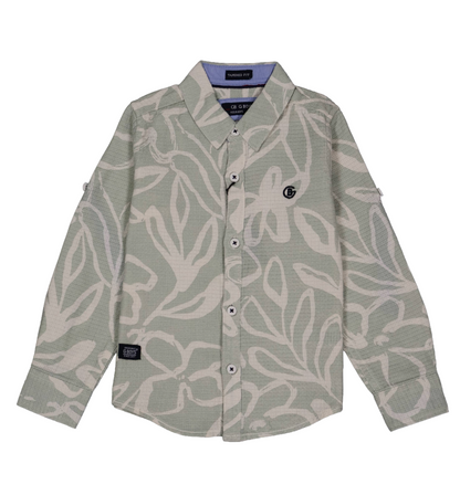 Fyst Boys' Sage Green and Off-White Floral Leaf Outline Print Long-Sleeve Button-Down Shirt, flat lay view on black background.